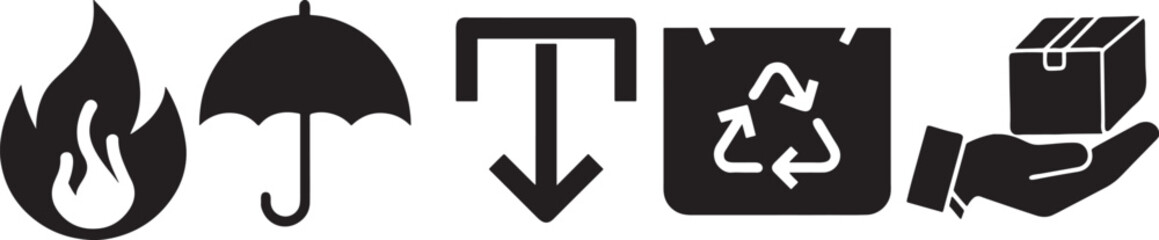 Common packaging & warning symbols with curved frame. Handle with care, Fragile, Recycling, This side down, Indoor use only, Flammable.eps