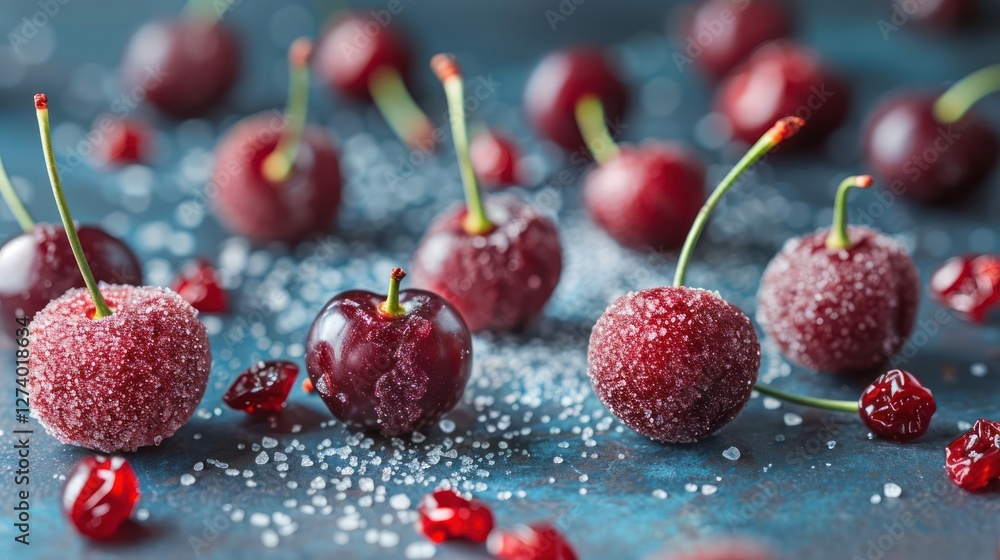 Poster a vibrant display of sugared cherries on a textured surface, emphasizing food styling.