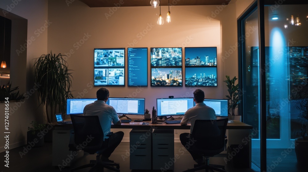 Aufkleber modern office environment with team working at computer desks during daylight hours in a vibrant wor