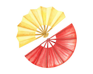Traditional Chinese hand fans watercolor clipart. Set of red open paper and gold silk fan with a wooden face guard and spokes. Asian watercolor lunar hand drawn feminine accessory illustration