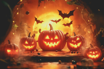 Halloween scene with pumpkin lanterns and bats flying along with a playful vampire.