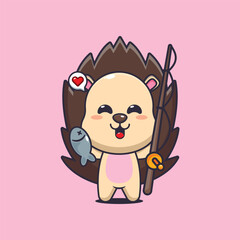 hedgehog mascot cartoon character vector illustration catching fish with fishing rod
