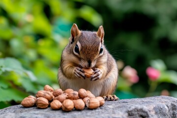 Chipmunk Feast: A Close-Up of Nature's Snack Time - Adorable chipmunk enjoying a delectable nut feast amidst a blurred natural background. Symbolizing: nature, abundance, survival, contentment