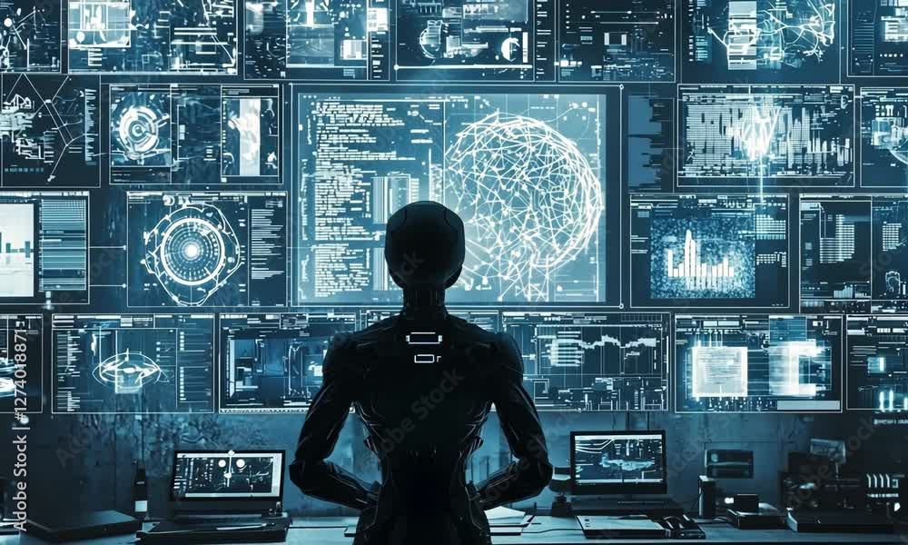 Poster robotic figure monitoring data streams on multiple screens