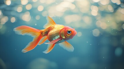 A bright orange goldfish swimming, minimalistic soft blue background