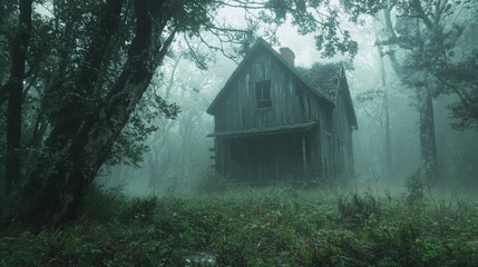Abandoned Wooden House in Foggy Forest Surrounded by Trees