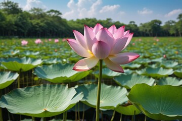 lotus flower in a field of green leaves with a blue sky in the background