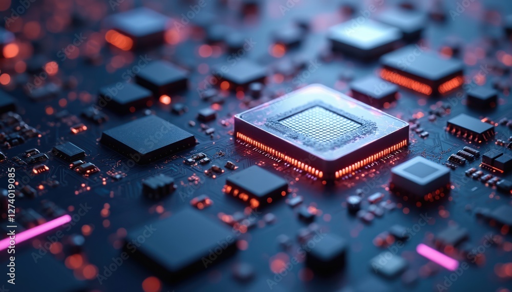 Fototapete abstract tech background with microchips, semiconductors. modern computer hardware components, glowi