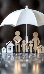 Wooden Figurines with Umbrella Symbolizing Family Protection Concept