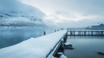 Naklejka premium A Norwegian pier glistens under a pale winter sun, its snow-draped timbers a stunning feature of the icy fjord landscape