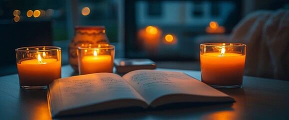 Cozy evening scene with lit candles and open book.
