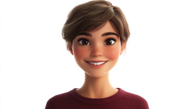 Happy cartoon girl portrait, white background, animation