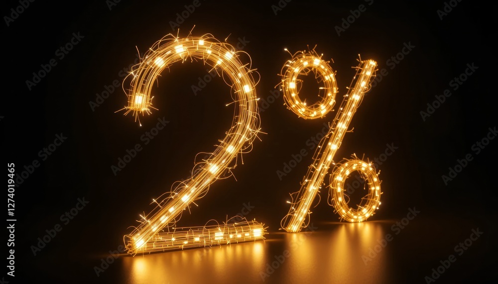 Poster glowing two percent sign illuminated number two and percentage symbol in a dark setting