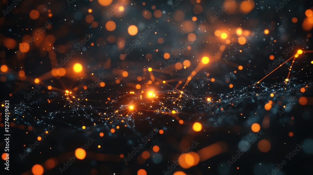 Poster exploring a luminous data stream with vibrant blue and orange lights flowing through a futuristic la