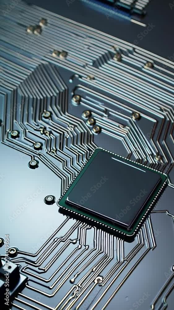 Poster microchip innovation: futuristic circuit board technology with digital connectivity and advanced mic