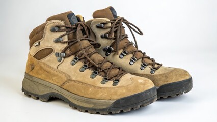 Tan Leather Hiking Boots on White Background