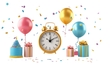 Exciting celebration decorations with balloons, festive cake, and an alarm clock counting down isolated on transparent background