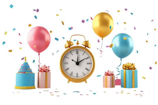 Exciting celebration decorations with balloons, festive cake, and an alarm clock counting down isolated on transparent background