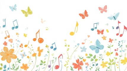 Colorful music notes and flowers, joyful background design, wallpaper