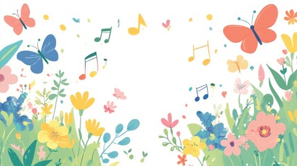 Colorful flowers and butterflies with musical notes. Children's illustration.  Background of plants and insects.  Ideal for cards, posters, or online
