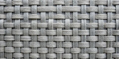 Close-up of heather gray polyester interwoven material fibers laid out in a grid pattern, revealing intricate weave and texture, woven pattern, interwoven material