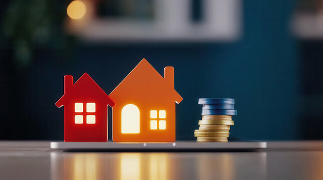 Colorful house model with coins, symbolizing real estate investment, house and car insurance concepts.