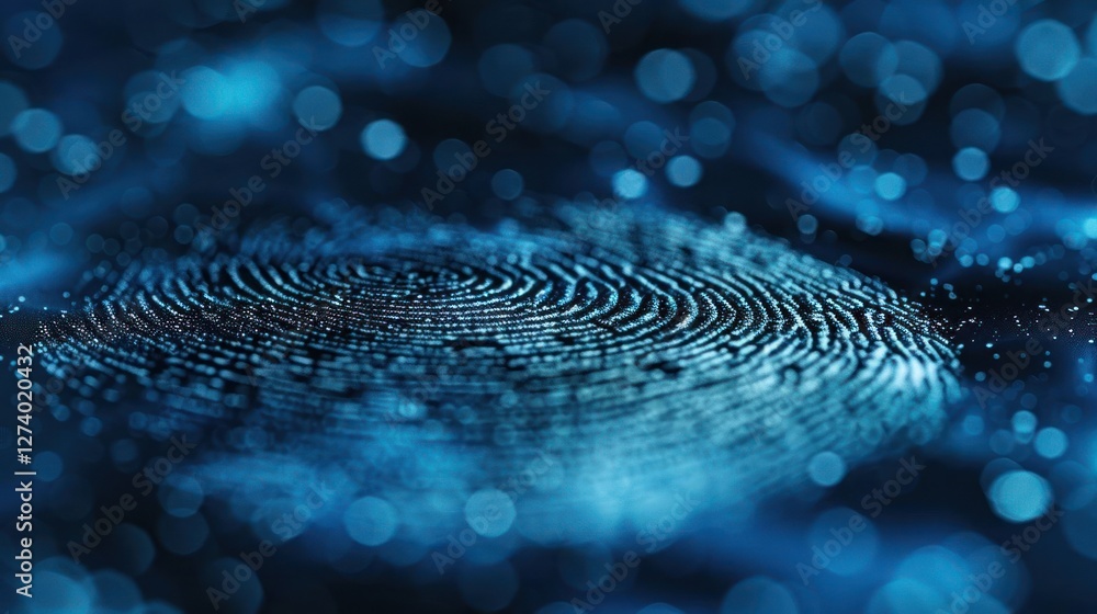 Poster a close-up of a fingerprint pattern in a blue, bokeh background, evoking a sense of mystery.