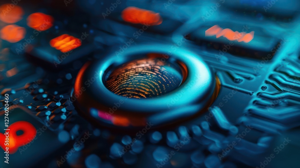 Poster a close-up of a fingerprint scanner on a circuit board, highlighting technology and security.