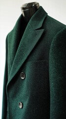 Elegant dark green wool blazer displayed on a mannequin against a neutral background in a fashion studio