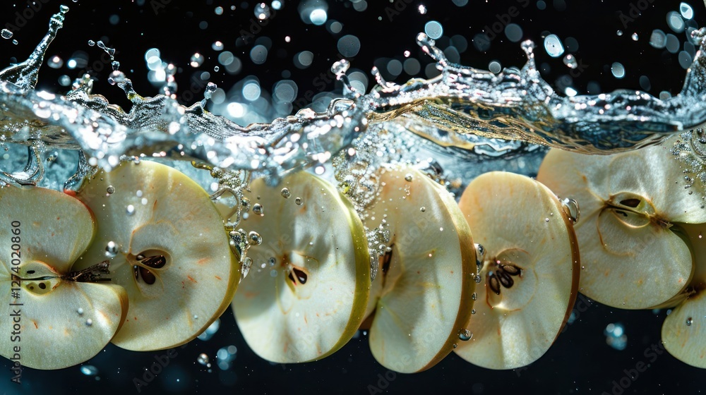 Poster sliced apples submerged in water, creating dynamic splashes and bubbles.
