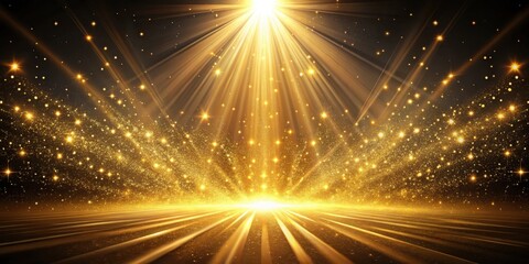 Vibrant golden light rays dance across the black canvas