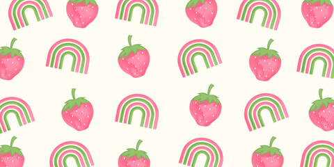 Strawberry and rainbow seamless pattern for backgrounds, presentations, wrapping papers, prints, artworks. Vector illustration	