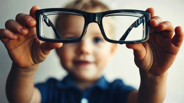 A child, blurred and out of focus, stands in the background, holding a pair of glasses.