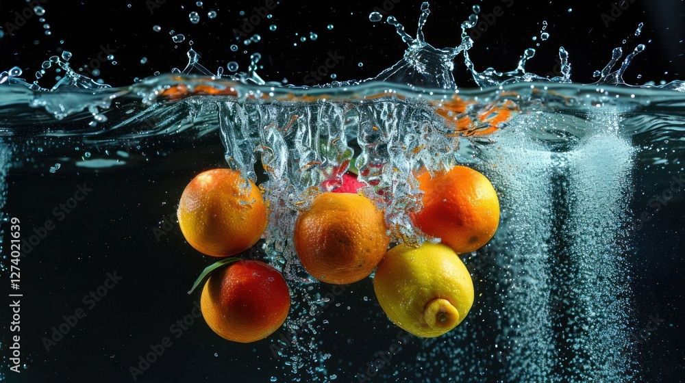 Poster fresh fruits splashing into water, creating dynamic bubbles and ripples.