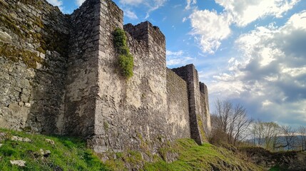 Ancient Stone Walls with Lush Greenery Under a Dramatic Sky