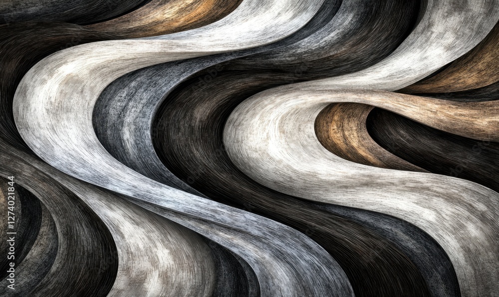 Poster abstract waves of black, white, and gold textures create a dynamic visual flow, ideal for background