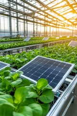Fototapeta premium Sustainable greenhouse agriculture with solar panels and fresh green crops,agricultural setup concept