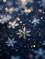 Beautiful snowfall with sparkling snowflakes and soft bokeh lights during a winter evening in a serene atmosphere