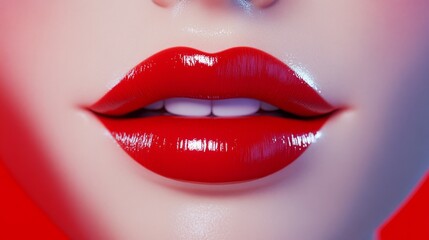 Obraz premium Close-Up Red Lips Glossy Smooth Skin Texture - Sensual, beauty, glamour, allure, cosmetic. A close-up shot of luscious red lips with a smooth skin texture
