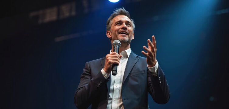 Confident man with microphone speaks on stage at business conference, motivational seminar. Public speaker shares ideas, gives speech to audience. Entrepreneur coaches, inspires people at forum event.