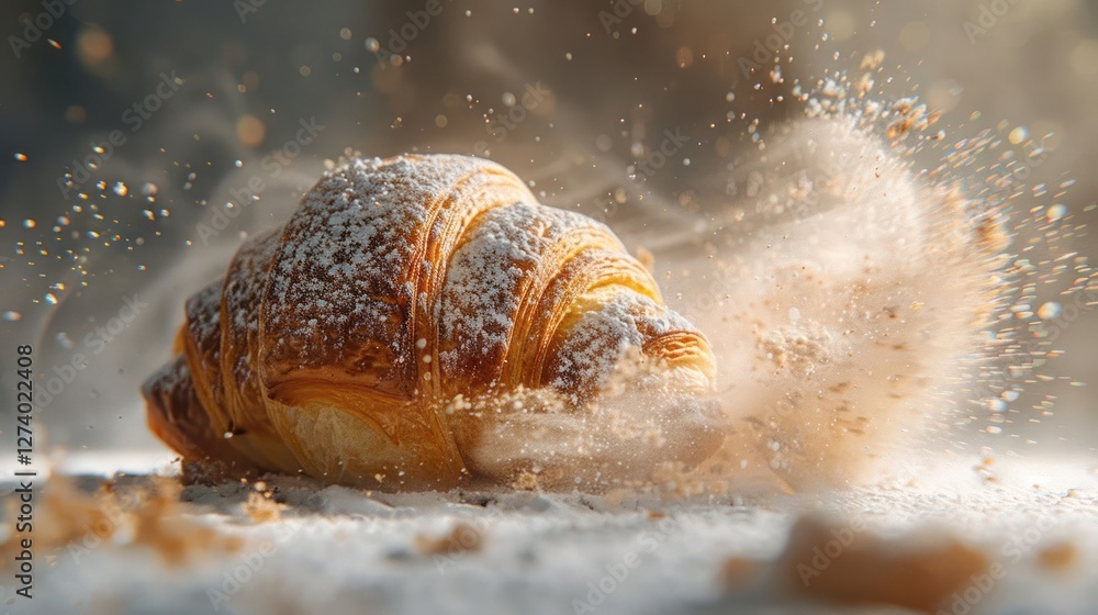 Aufkleber a croissant covered in powdered sugar, surrounded by a cloud of flour, creating a dynamic effect.
