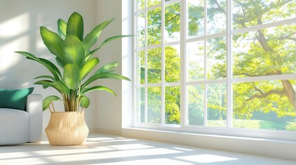Fototapeta premium Sunlit room with lush green plant in cozy bright interior near large window.