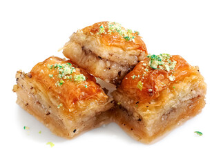 Three pieces of Turkish baklava with pistachios, close up, studio shot
