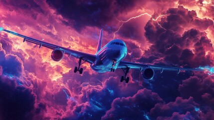 Fototapeta premium Airplane soars through vibrant stormy sky with lightning and colorful clouds.