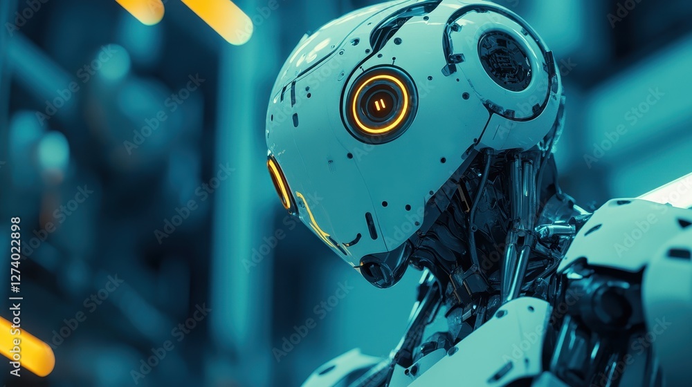 Poster futuristic robot in a high-tech environment showcasing advanced technology and design features