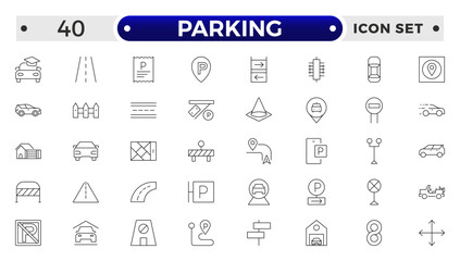 parking outline icons related to road, street, drive, crosswalk, highway, traffic, lights, gps, bridge, roundabout, directions, barrier.