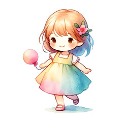 Cute Watercolor Chibi Girl with Balloon
