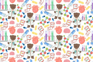 Adorable Teddy Bear Doctor medicine capsules and microscopes. seamless pattern background