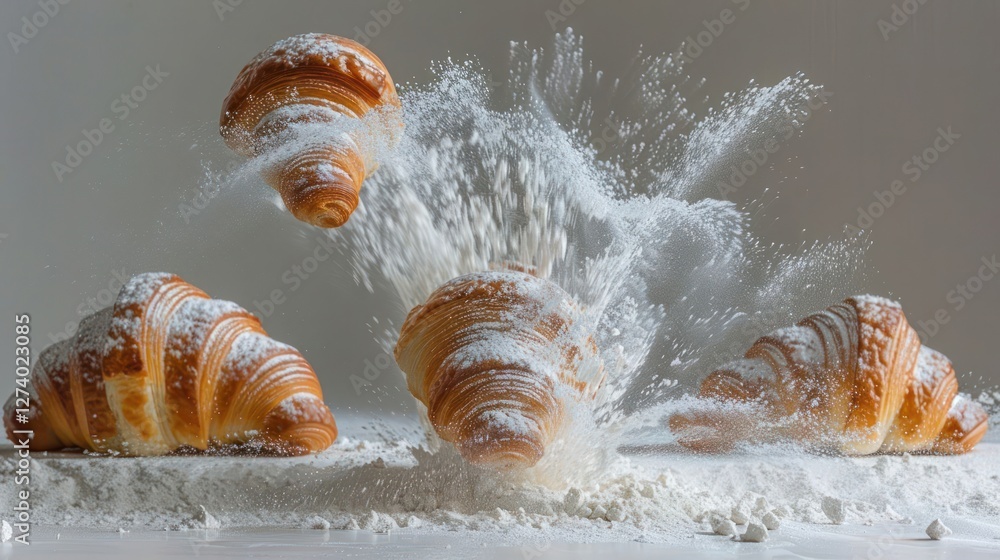 Poster croissants flying through a cloud of flour, creating a dynamic and playful food scene.