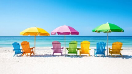 Colorful Beach Chairs and Umbrellas - Six vibrant beach chairs and three colorful umbrellas on a pristine white sand beach under a clear blue sky. Perfect for summer vacation themes